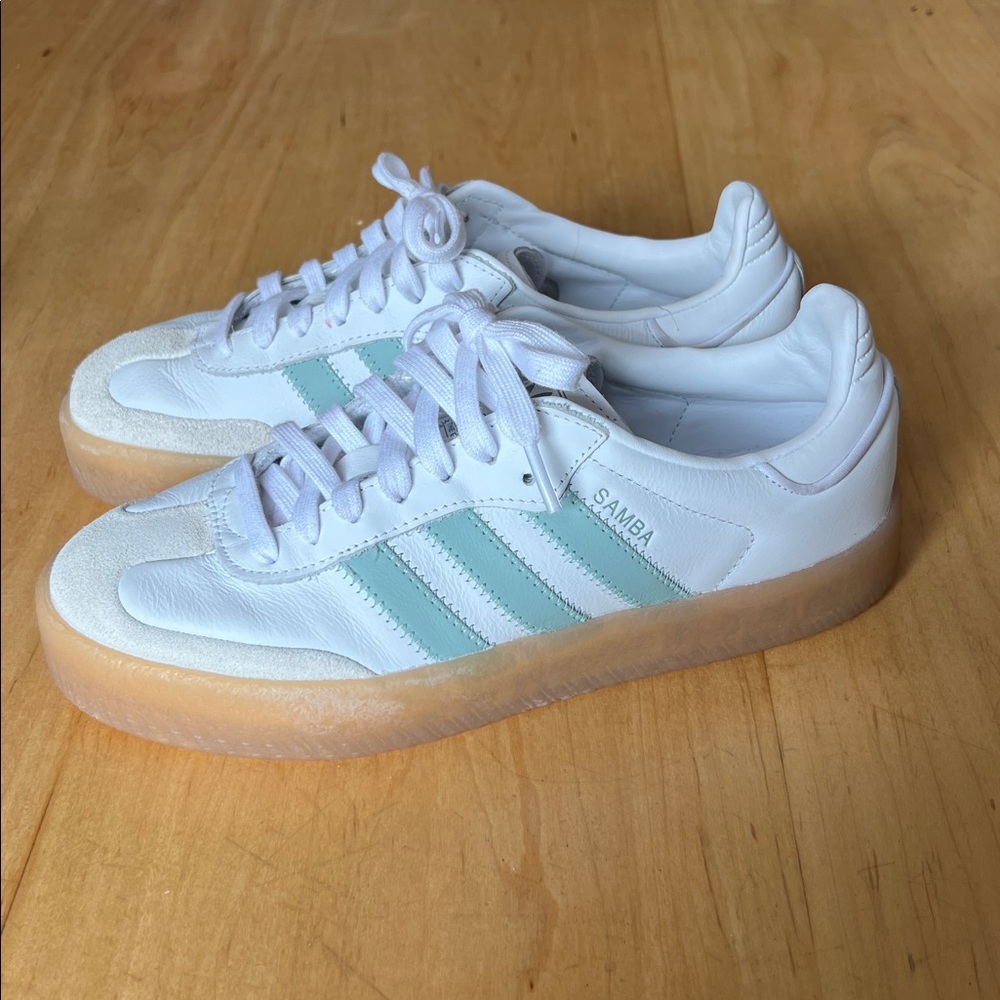 adidas Samba Platform Sneakers White with Light Blue Stripes and Gum Sole - Picture 4 of 7